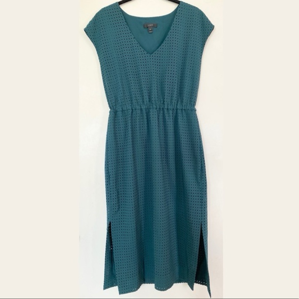 J. Crew Teal Midi Perforated Laser Cut Diamonds Pocket Slit Dress 16 Tall